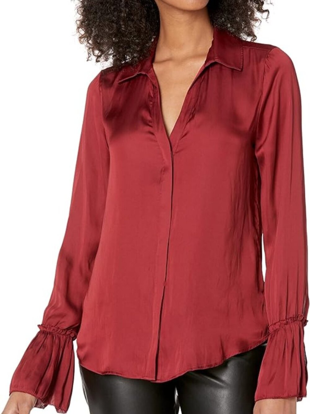 Paige Abriana Shirt Button Down With Pleated Sleeves Garnet Red Xs